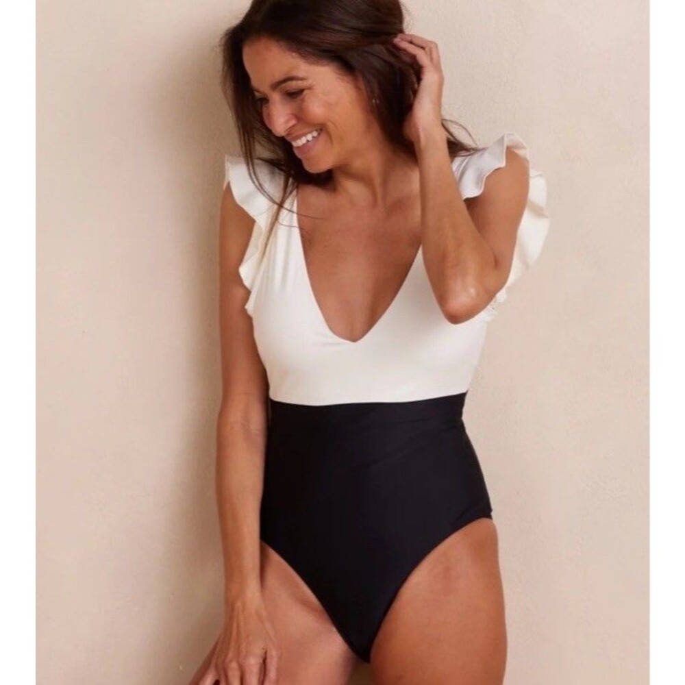 Summersalt Ruffle Backflip Swimsuit One Piece Beige Black Deep V Neck Womens 12
